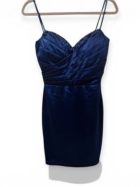 Windsor Navy Satin Ruched Mini Dress with Beaded Trim